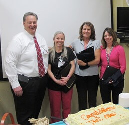 HRRMC CEO Bob Morasko congratulates TRAC STAR winner Tracey Banks and finalists Cindy Nachtrieb and Monica Hutson (L to R) at a hospital ceremony Jan. 30.